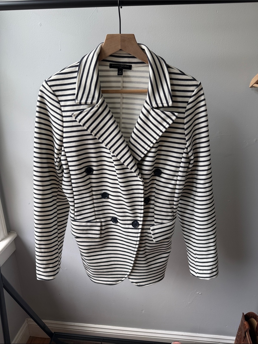 Banana Republic Navy & White Striped Double-Breasted Blazer Jacket